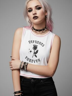 Deftones Forever White Crop Muscle Tank with Pinkish Red Trim